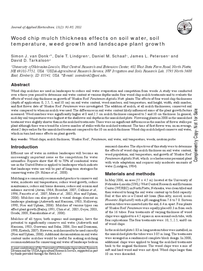 Wood Chip Mulch Thickness Effects On Soil Water, Soil Temperature, Weed Growth and Landscape