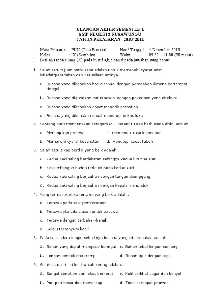 Contoh Soal Tata Busana Kelas 9 Menata Rapi