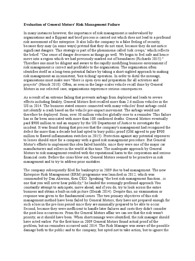 Evaluation of General Motors PDF Risk Risk Management