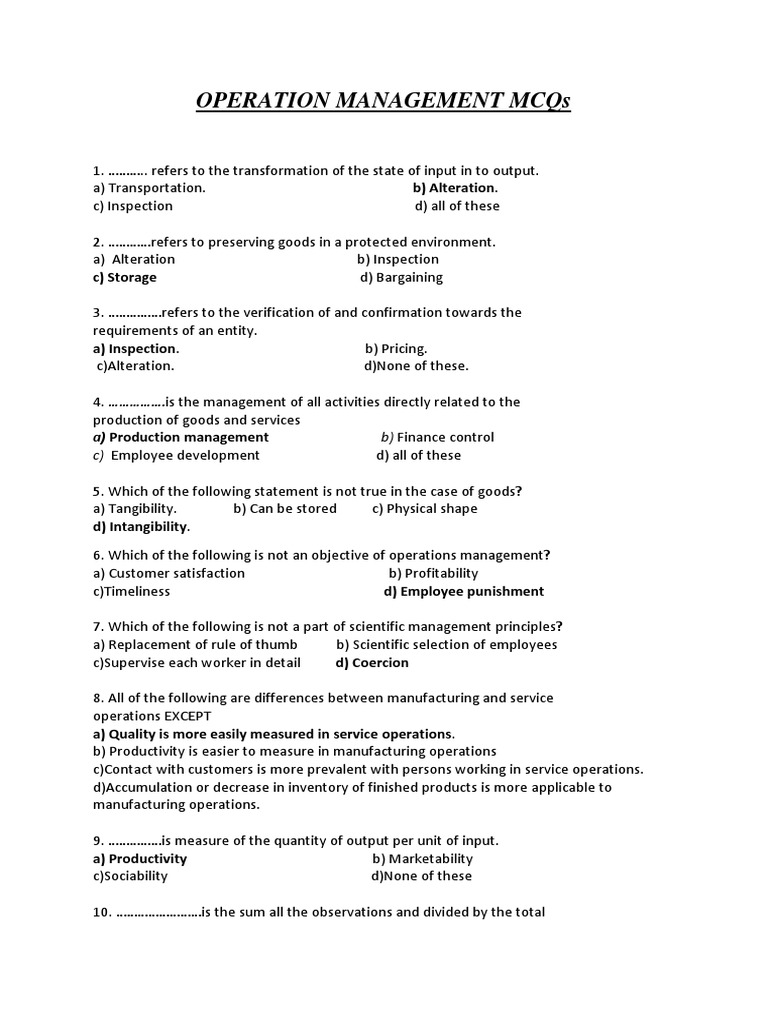 Operation Management MCQS A) Production Management B) Finance Control