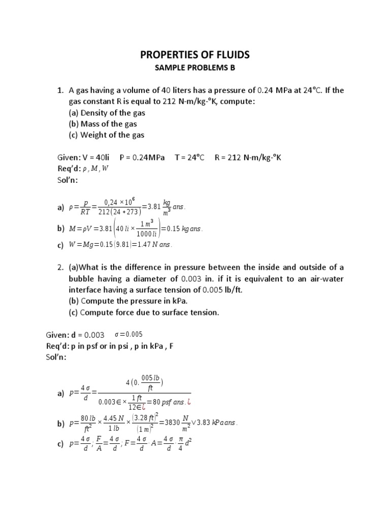 Fluid Mechanics Sample Problems | PDF | Pressure | Gases
