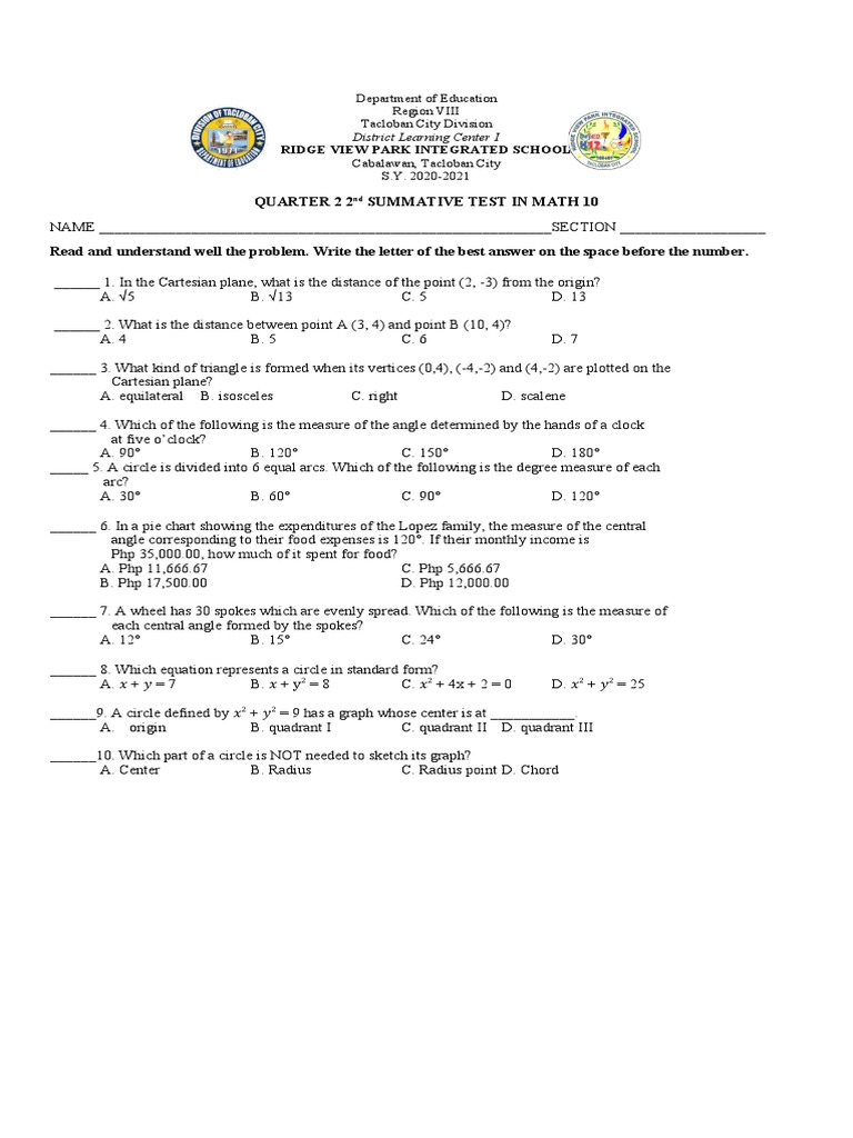Q2 2nd Summative Test in Math | PDF | Cartesian Coordinate System ...