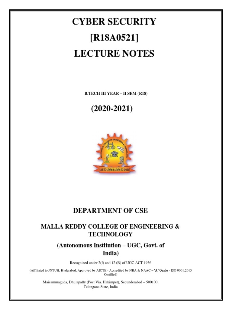 Cyber Security (R18A0521) Lecture Notes: Department of Cse | PDF 
