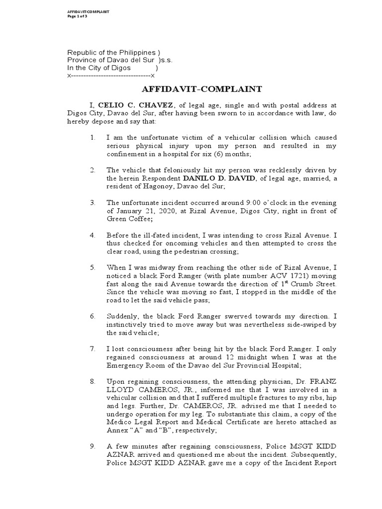 Exhibit B Affidavit Complaint Reckless Imprudence Resulting To Serious