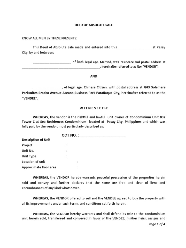 Deed of Absolute Sale - DRAFT | PDF | Taxes | Deed