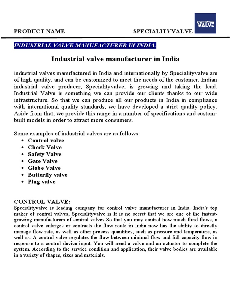 Industrial Valve Manufacturer in India - Specialityvalve | PDF | Valve ...