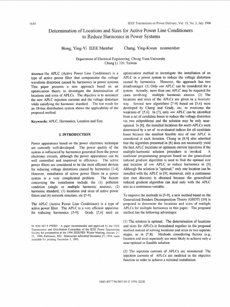 Determination of Locations and Sizes For Active Power Line Conditioners