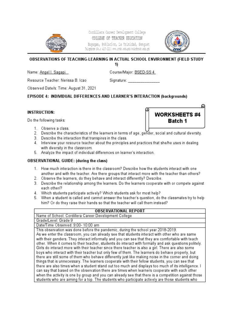 Worksheet 4 - FS 1 | PDF | Classroom | Teachers