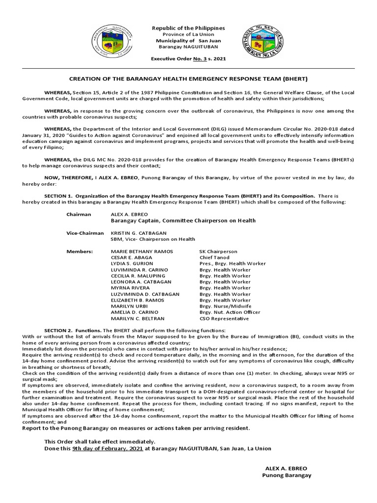 Creation of The Barangay Health Emergency Response Team (Bhert) PDF