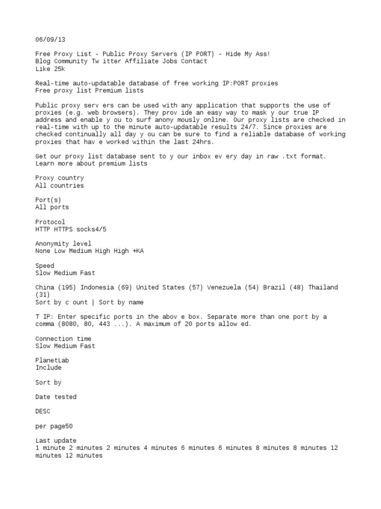 Free Proxy List Public Proxy Servers IP PORT Hide My Ass | PDF | Proxy ...