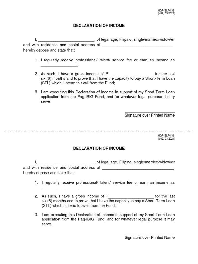 Declaration of Income: HQP-SLF-136 (V02, 03/2021) | PDF