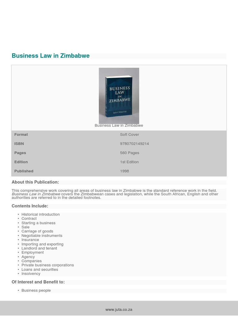 Business Law in Zimbabwe: Format Isbn Pages Edition Published | PDF