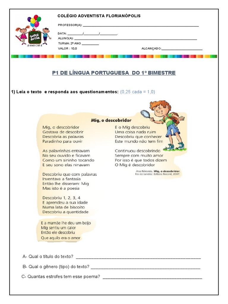 Avaliação de Português 2º Ano | PDF | Artes Linguísticas e Disciplina ...