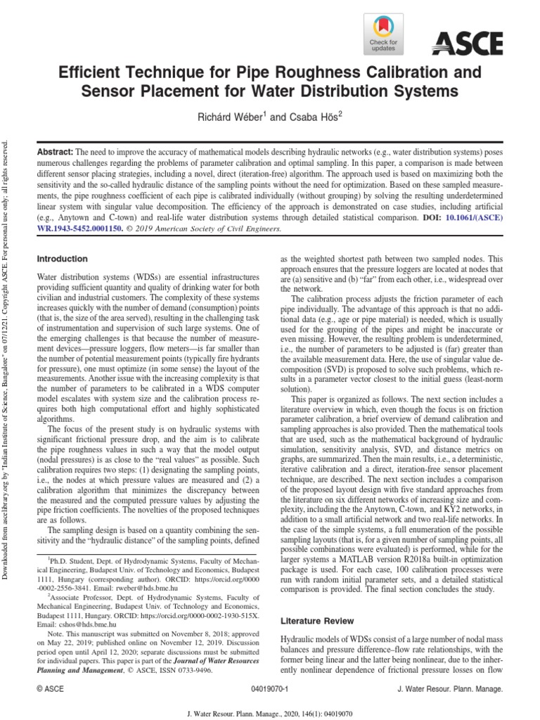 Efficient Technique For Pipe Roughness Calibration and Sensor Placement ...