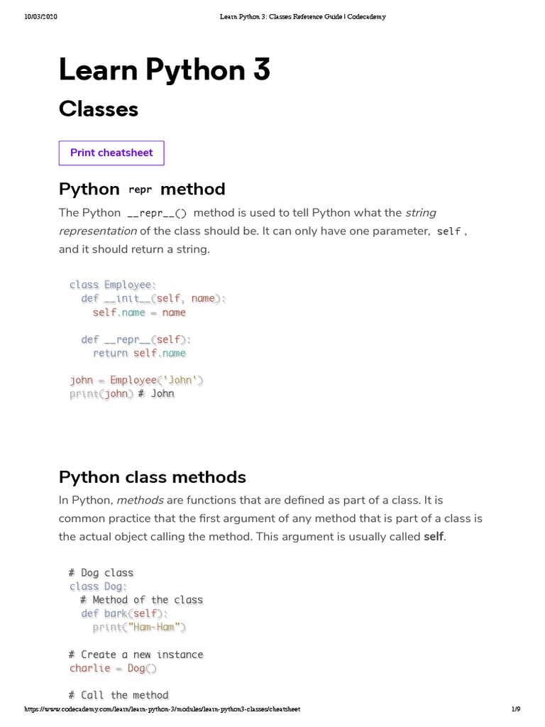 Learn Python 3 - Classes Reference Guide - Codecademy | PDF ...
