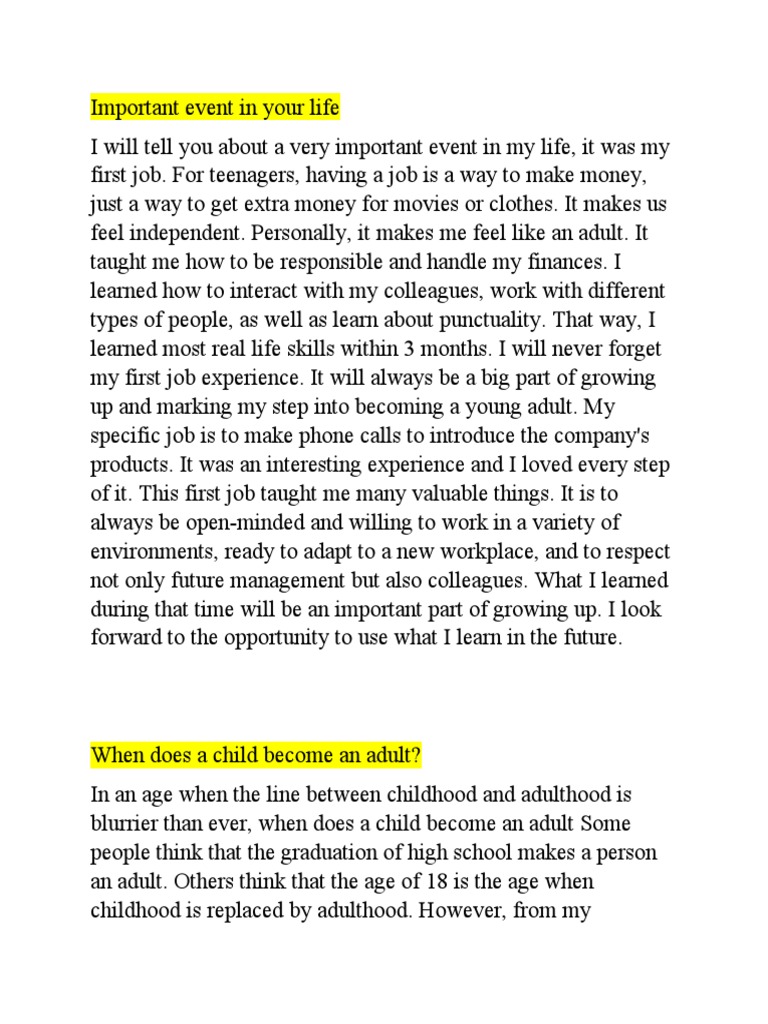 Important Event in My Life | PDF | Behavior Modification | Human Life ...