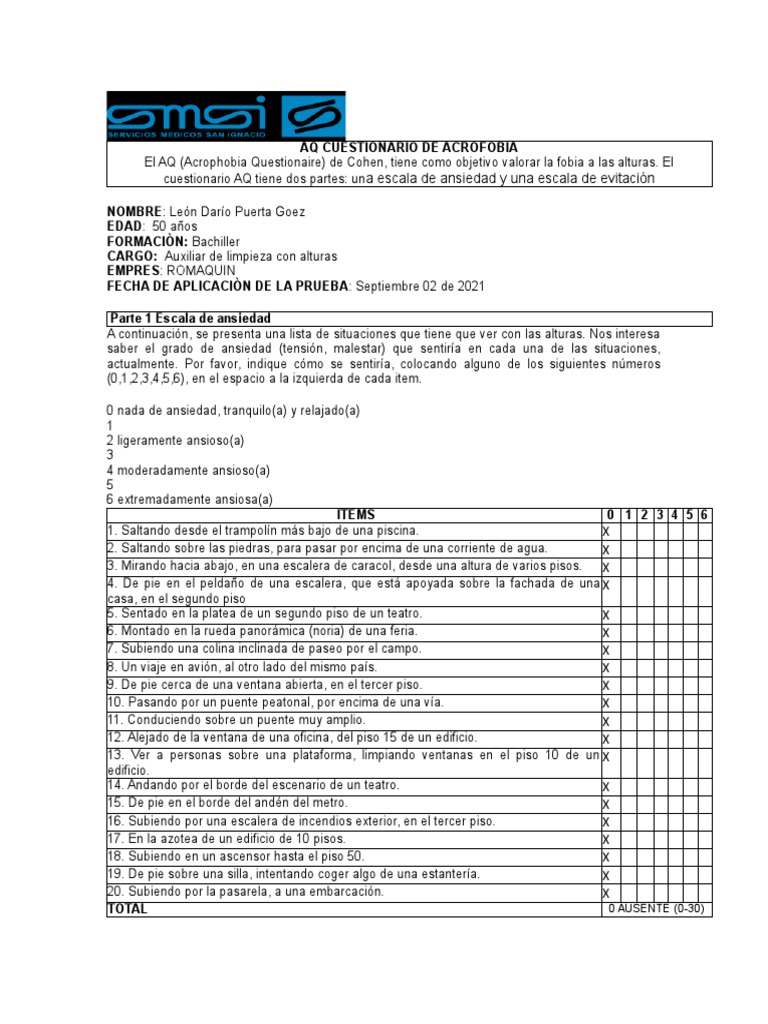 Evaluación de Acrofobia en Trabajador | PDF
