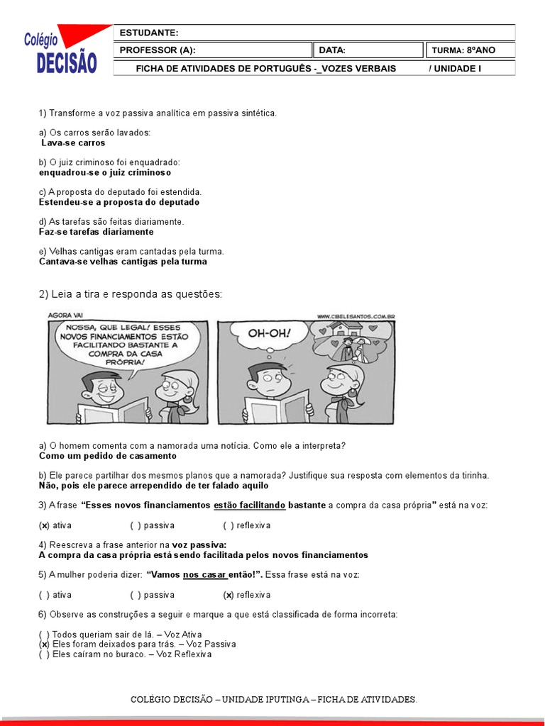 Ficha de Exercícios - Vozes Verbais - 8ºano | PDF