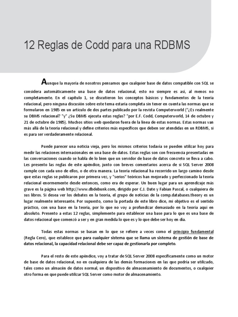 12 Reglas de Codd para RDBMS | PDF | SQL | Servidor SQL de Microsoft