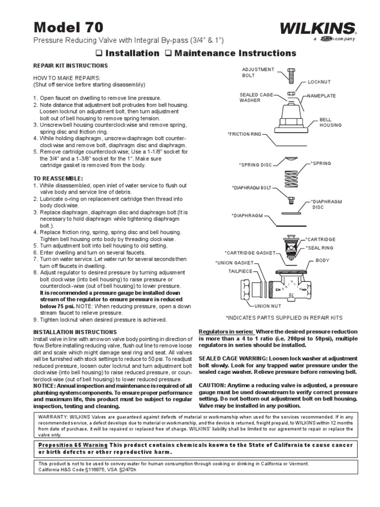 Wilkins 70 Pressure Reducing Valve PDF Tap (Valve) Valve