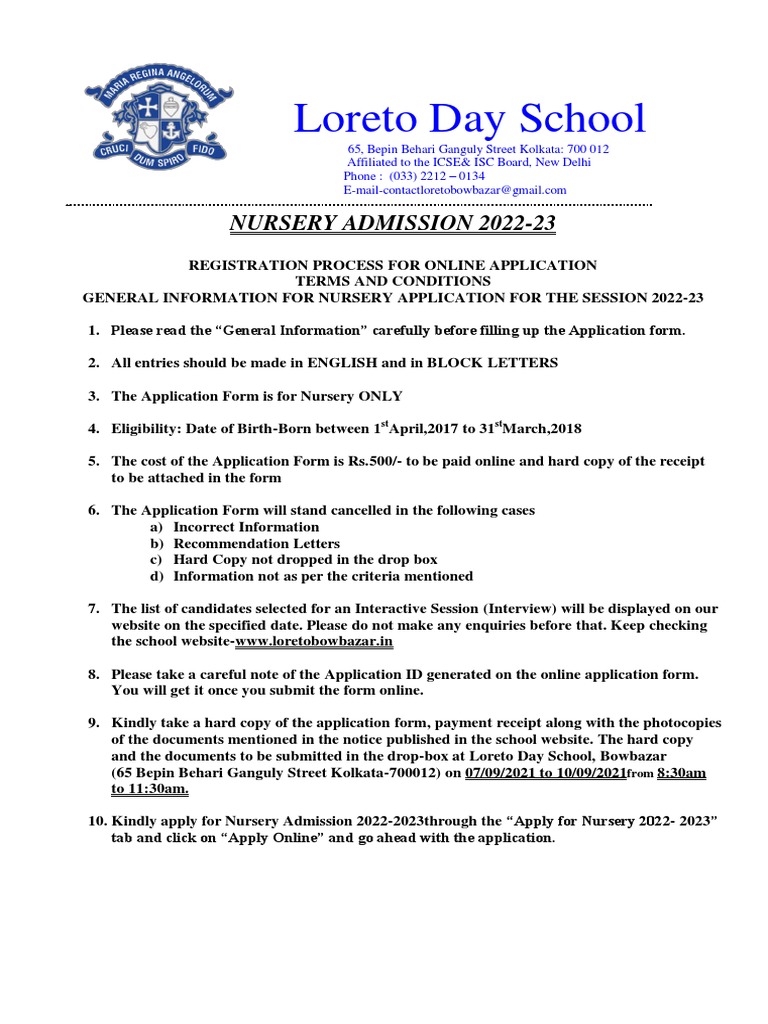Loreto Day School Nursery Admission 202223 PDF