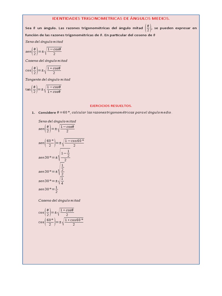 Ángulos Medios | PDF | Funciones trigonométricas | Trigonometría
