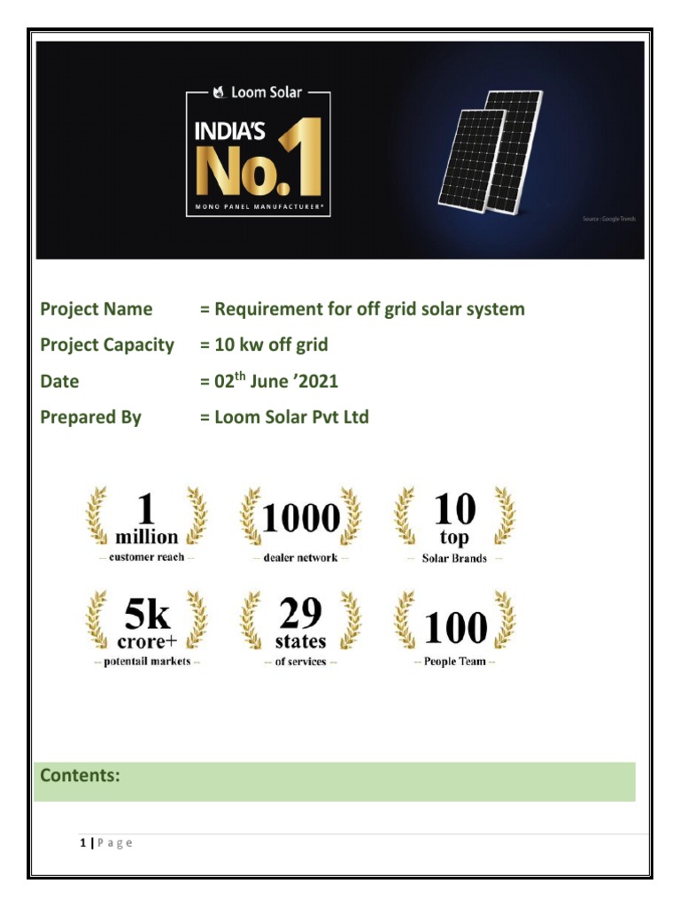Project Name Requirement For Off Grid Solar System Project Capacity 10