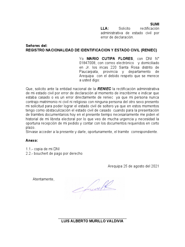 Solicitud de Rectificación de Estado Civil RENIEC | PDF