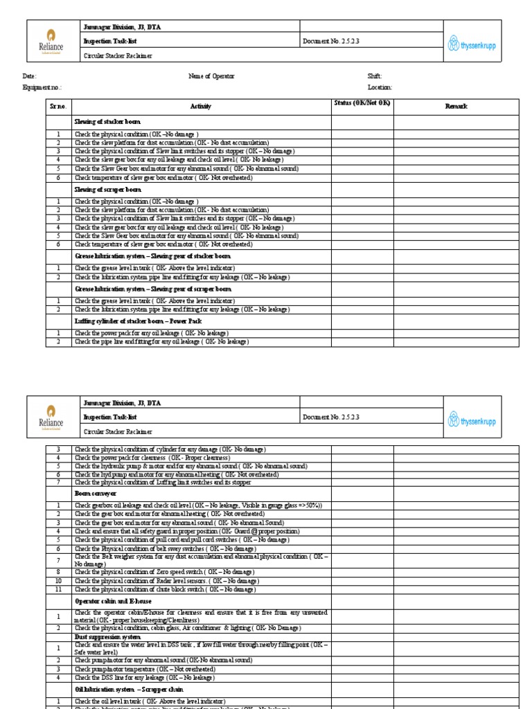 Circular Stacker Reclaimer Inspection Checklist | PDF | Manufactured ...