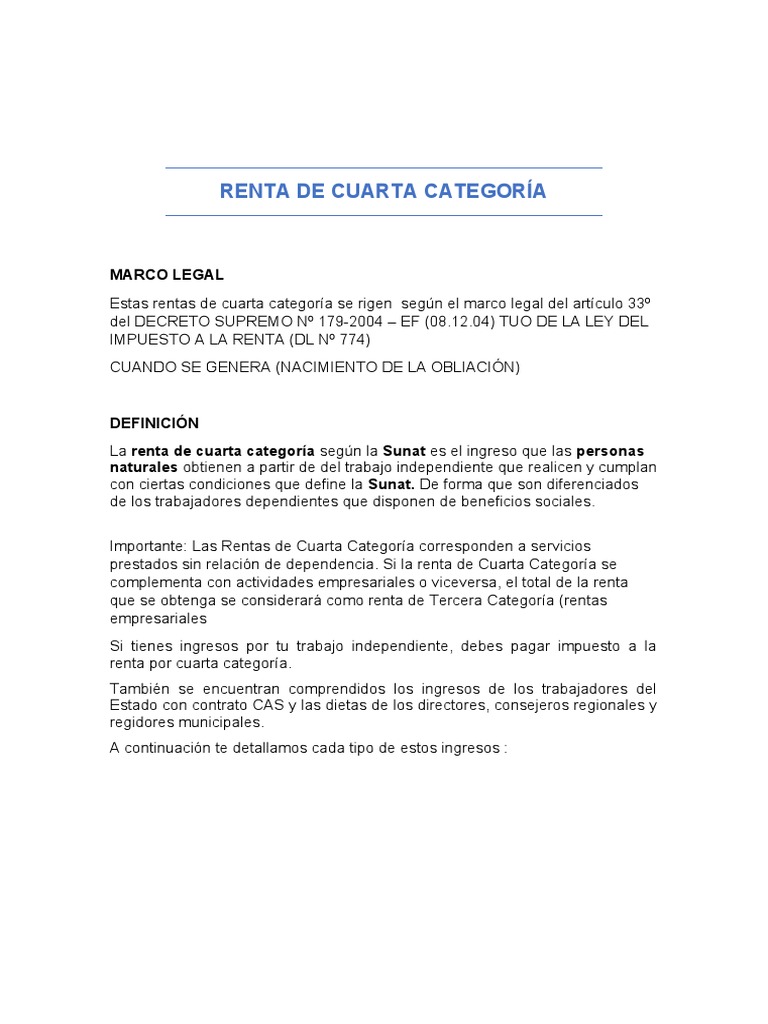 Renta de Cuarta Categoría: Guía Completa | PDF | Impuesto sobre la ...