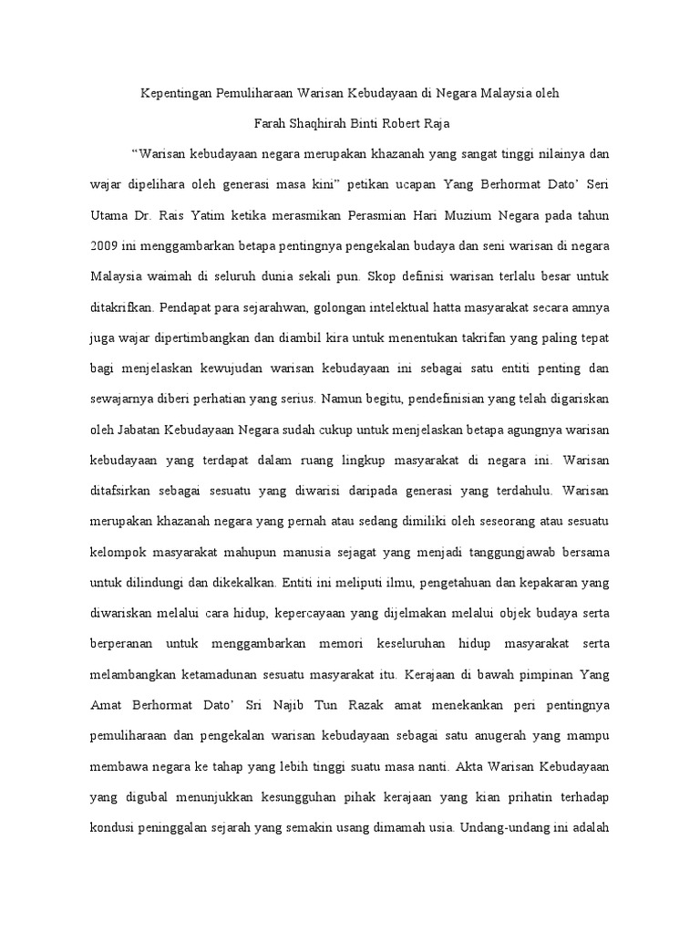 Kepentingan Pemuliharaan Warisan Kebudayaan Di Negara Malaysia Pdf