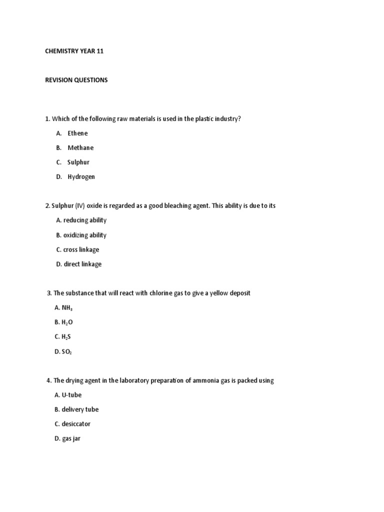 CHEMISTRY YEAR 11 Exam Past Question | PDF | Chlorine | Chemical Reactions