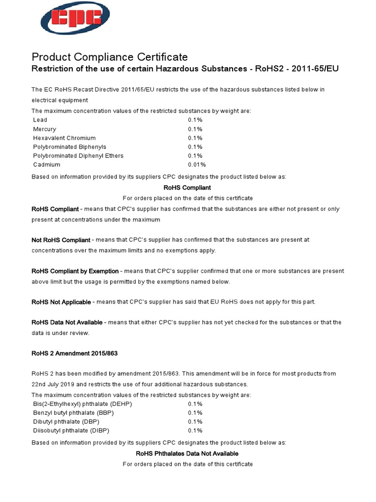 Product Compliance Certificate Restriction of The Use of Certain