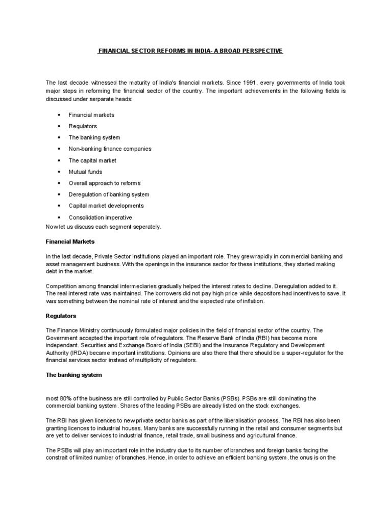 Financial Sector Reforms in India Overview | PDF | Stocks | Reserve ...