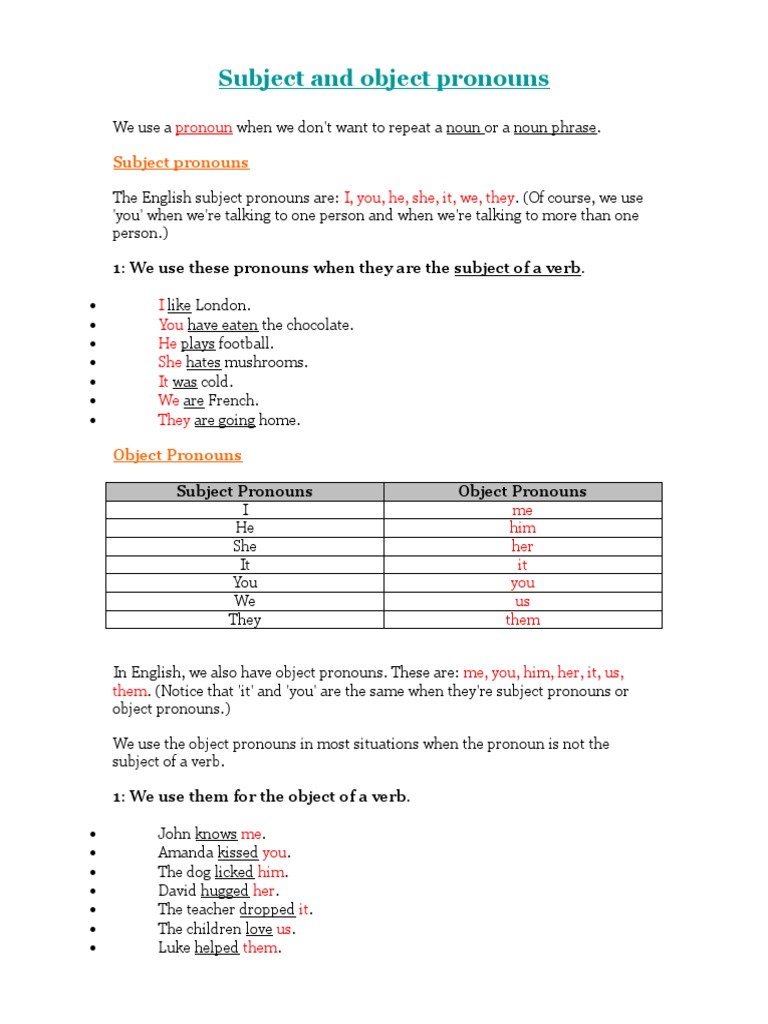 Subject Vs Object Pronouns | PDF | Object (Grammar) | Verb