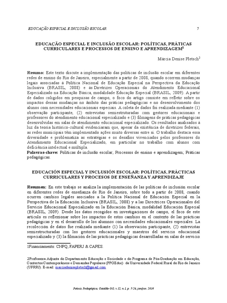 Artigo de Márcia Denise Pletsch. Educação Especial e Inclusão Escolar ...