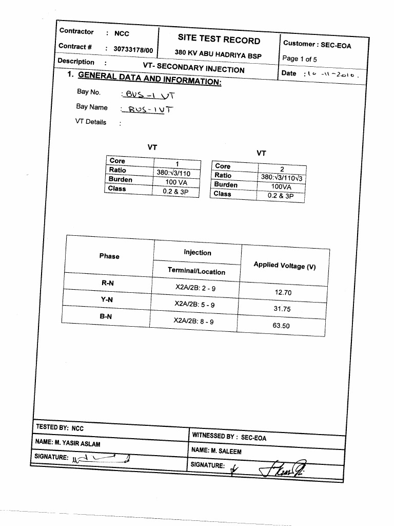 Site Test Record: VT - Secondary Injection: T | PDF | Electricity ...