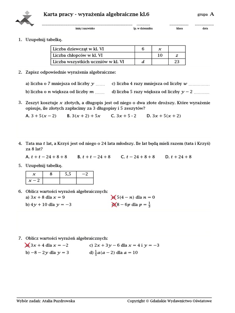 Podaj Odpowiedzi W Postaci Wyrażeń Arytmetycznych Lub Algebraicznych Karta Pracy - Wyrażenia Algebraiczne kl.6 A: Grupa | PDF