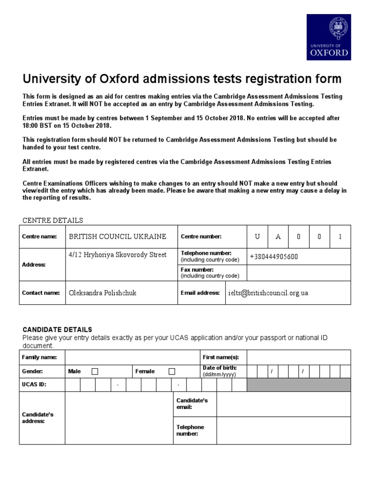 University of Oxford Admissions Tests Registration Form | PDF ...