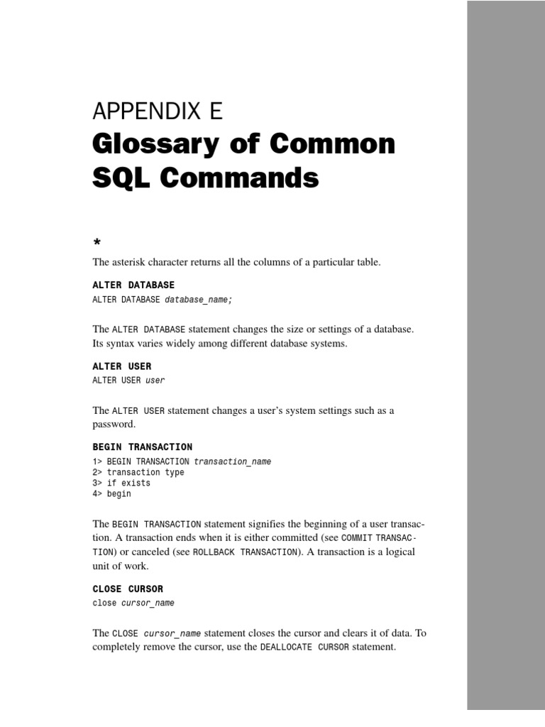 Glossary of Common SQL Commands: Appendix E | PDF