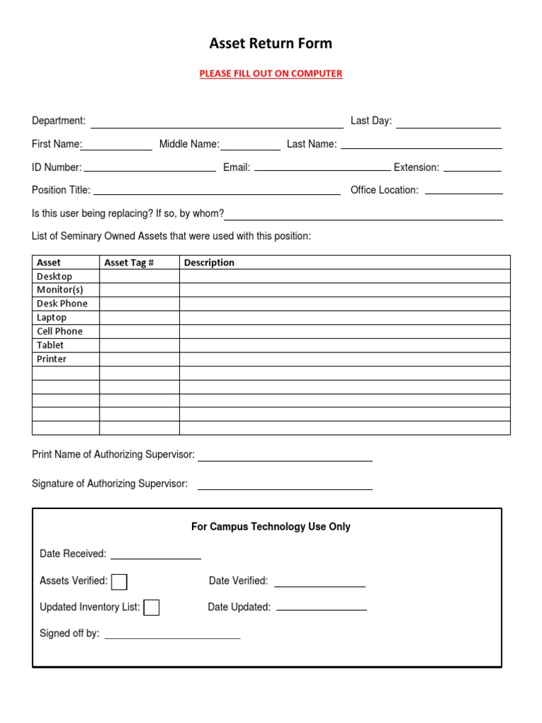 Asset Return Form: Please Fill Out On Computer | PDF | Career & Growth ...