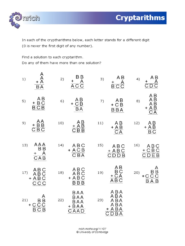 Cryptarithm Puzzles and Solutions | PDF | Teaching Methods & Materials