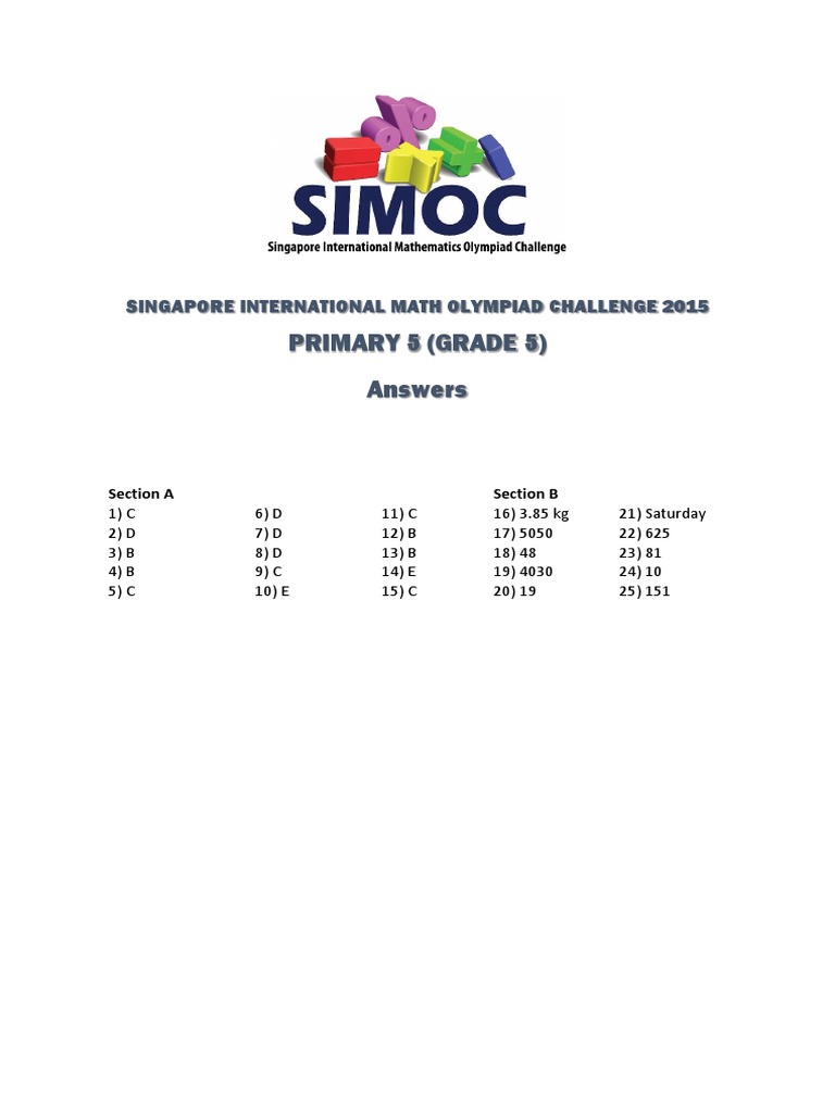 Primary 5 (Grade 5) Answers: Singapore International Math Olympiad ...