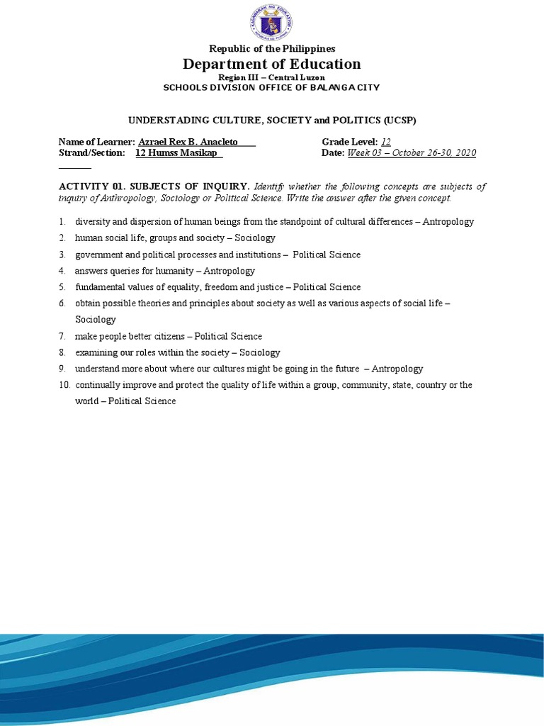 UCSP Grade 12 Activity on Culture and Society | PDF | Anthropology ...