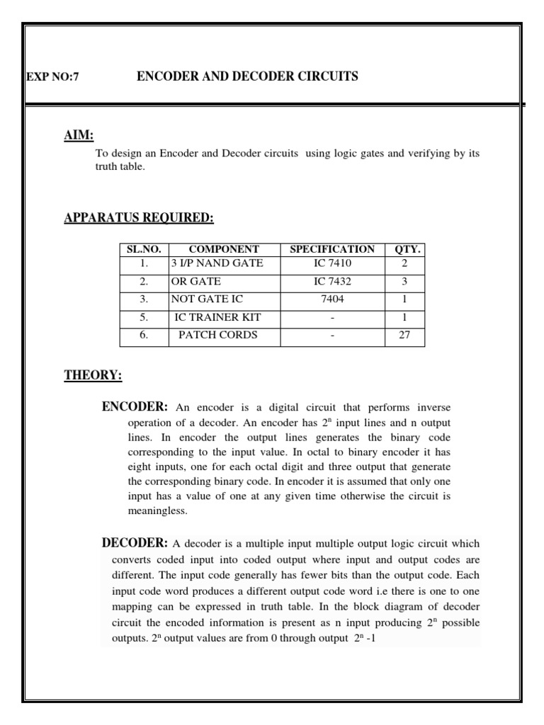 Encoder and Decoder Circuits: Exp No:7 | PDF | Computing | Computer ...