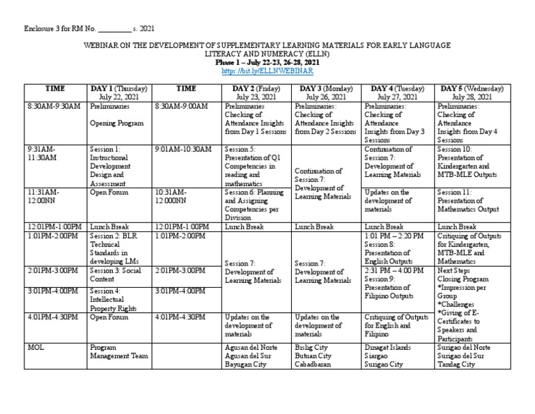 inar Schedule and Agenda for the Development of Supplementary