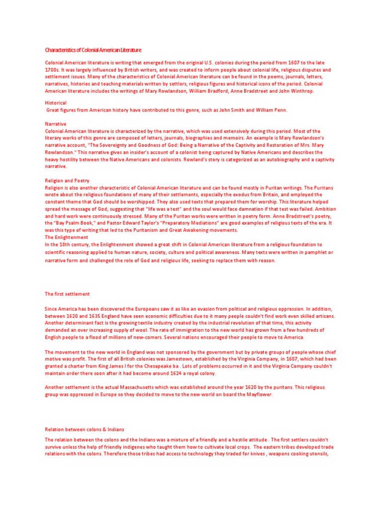 Characteristics of Colonial American Literature | PDF | American ...