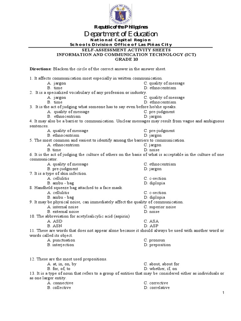 Self Assessment Activity Sheet Grade 10 2Q | PDF | Subject (Grammar) | Verb