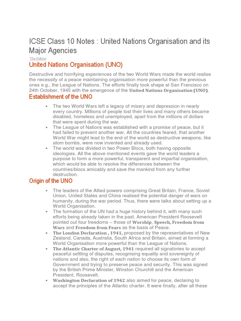 ICSE Class 10 Notes United Nations Organisation and Its Major Agencies