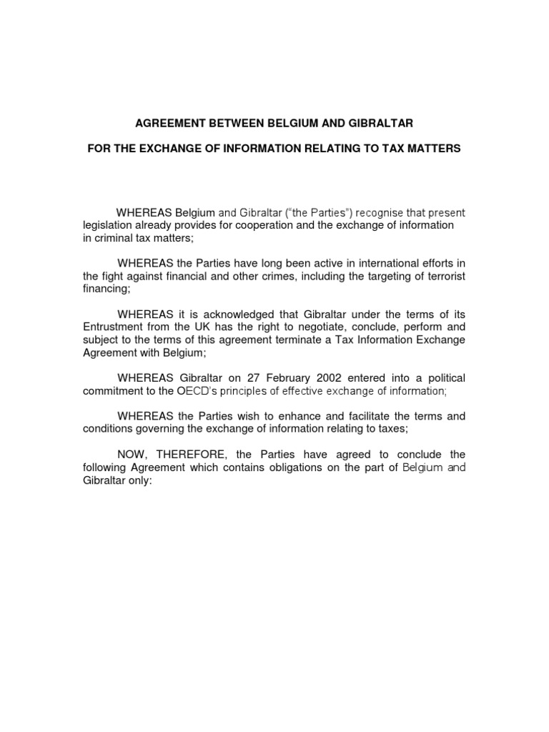 TIEA Agreement Between Belgium and Gibraltar | PDF